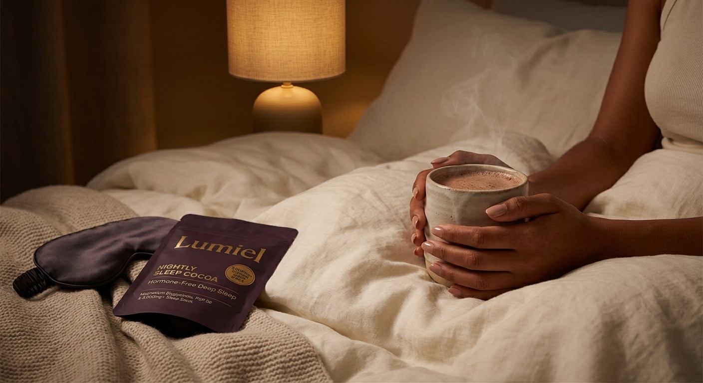 A woman cradling a warm mug of Noctelle cocoa in bed